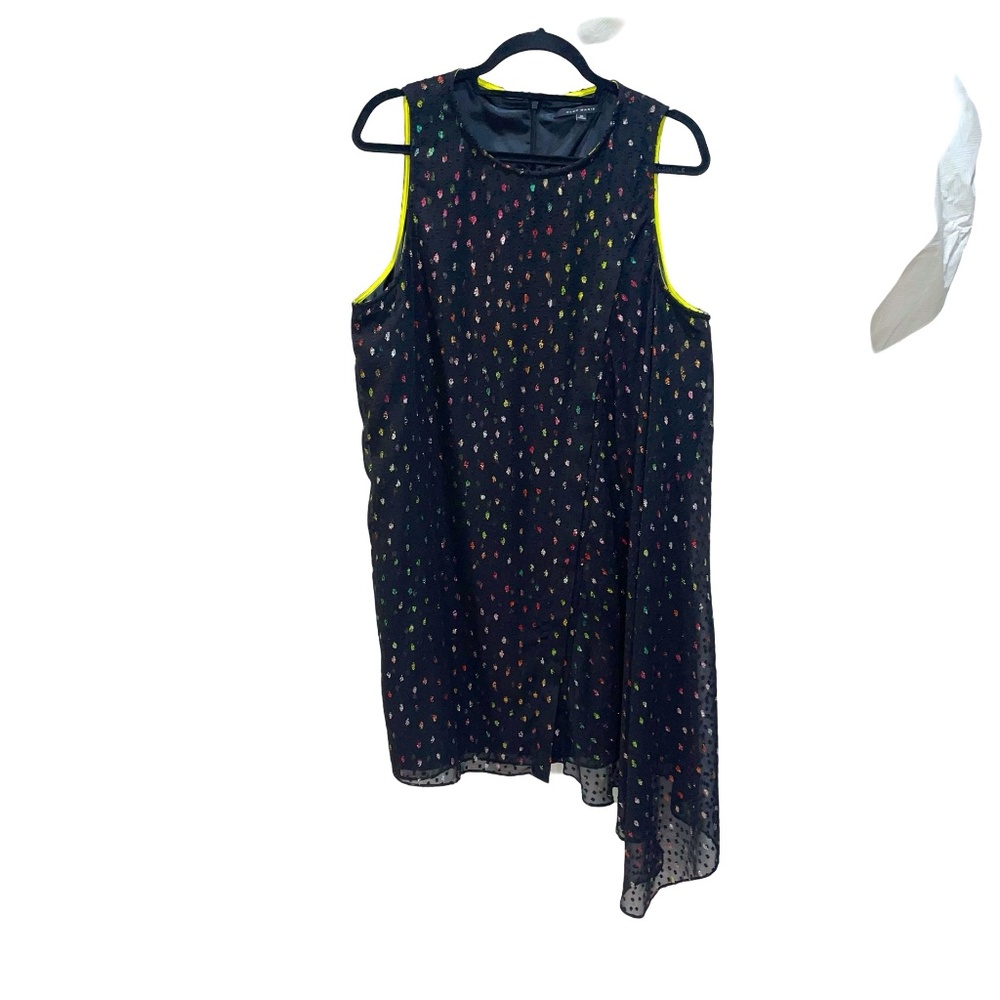 Alex Marie Black Rainbow Iridescent Swiss Dot Asymmetric Sleeveless Dress Sz 16